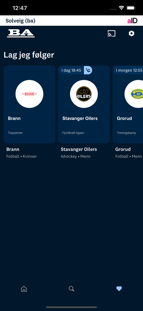 Direktesport - The teams I follow section of the Direktesport app showing Brann soccer and Stavanger Oilers hockey teams