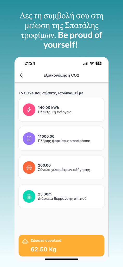 Mystery Pot: End Food Waste - Mystery Pot app screen showing the environmental impact and CO2 savings from reducing food waste