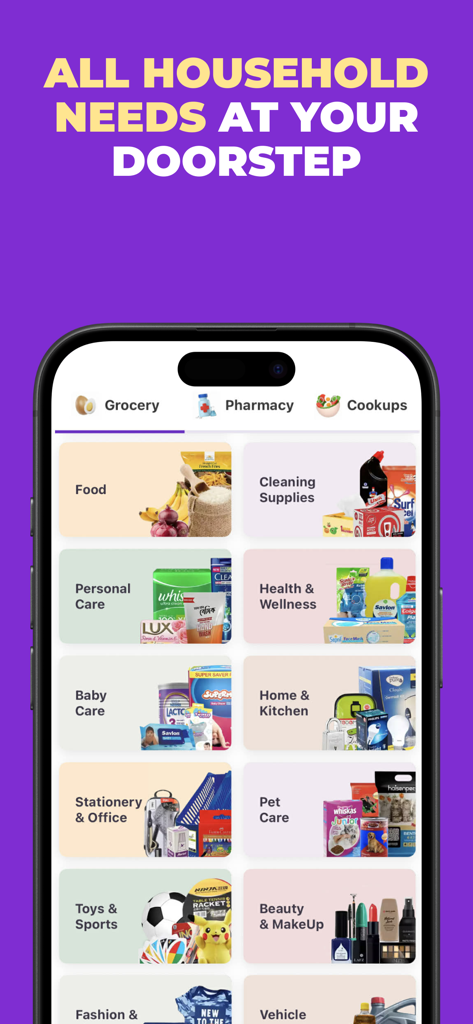 Chaldal: Online Grocery - Chaldal mobile app interface showing various shopping categories for household needs like food and pharmacy