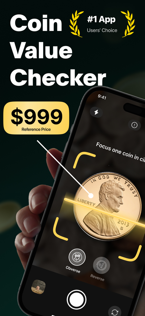 Coin ID Scan: Value Identifier - A smartphone using the Coin Value Checker app to scan a 2013 Lincoln penny and display its reference price