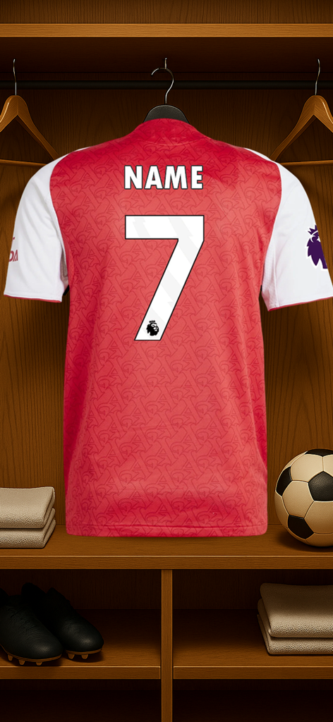 Make Your Football Jersey - Personalized red soccer jersey hanging in a locker with custom name and number