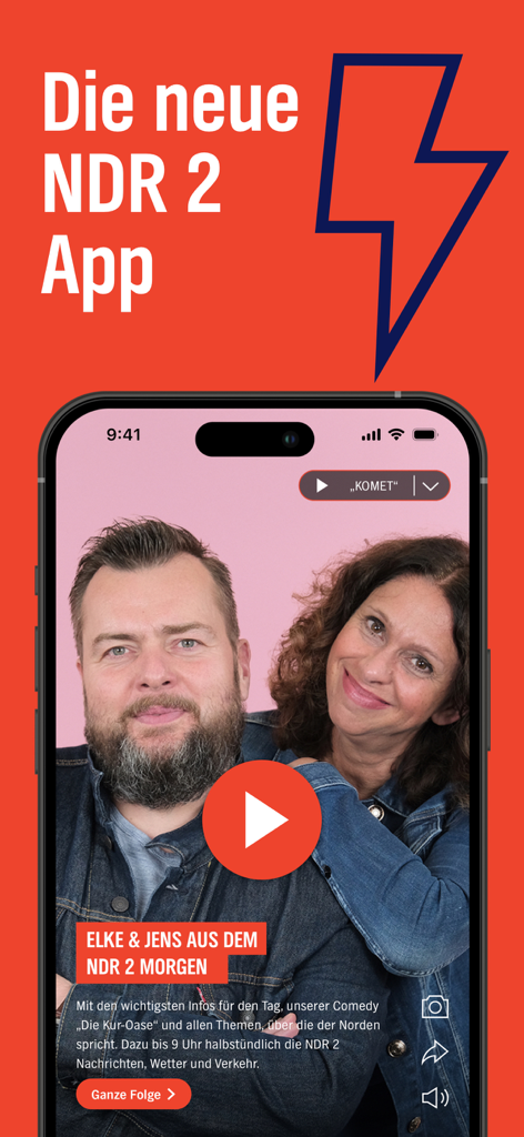 NDR 2 - Screenshot of the NDR 2 app showing radio hosts Elke and Jens from the morning show