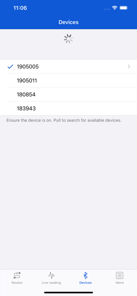 La pantalla de selección de dispositivos de la aplicación SKF ProCollect que muestra una lista de sensores industriales disponibles para emparejamiento Bluetooth.