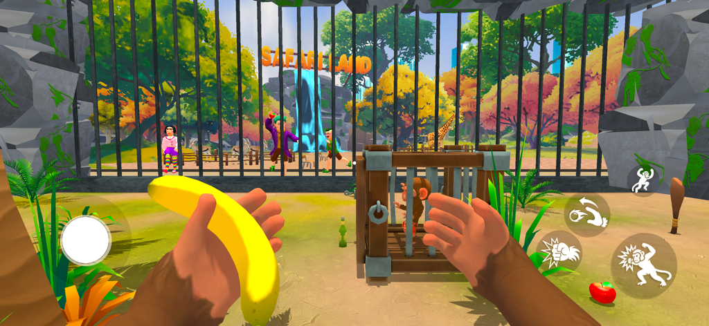 Zoo Monkey Life Simulator - Vue à la première personne d'un singe tenant une banane dans un enclos de zoo avec des visiteurs