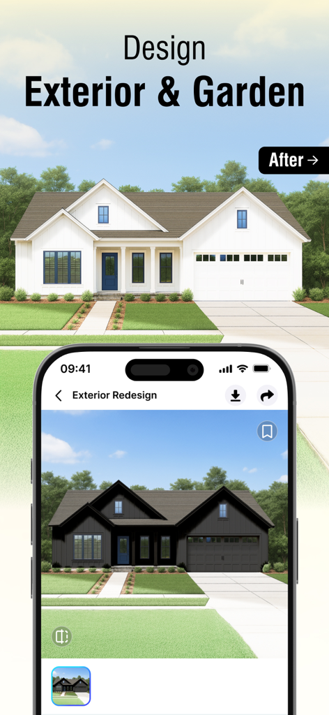 Mobile app showing an AI powered exterior redesign of a house from white to black