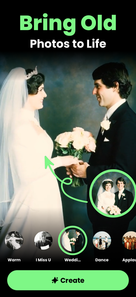 Pantalla de la aplicación PixVideo AI mostrando la función 'Dar vida a fotos antiguas' animando una foto de boda