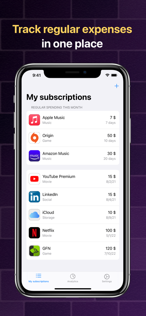 Suber app dashboard on iPhone showing a list of monthly subscriptions and recurring costs.