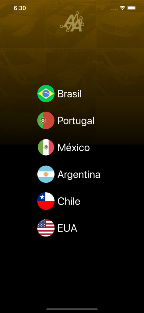 Region selection screen for Auto Action app showing flags for Brazil Portugal Mexico Argentina Chile and USA