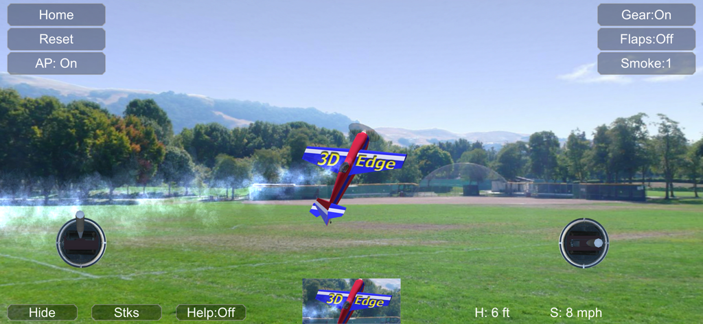 Ein rot-blaues RC-Flugzeug fliegt in Absolute RC Simulator über ein Feld.