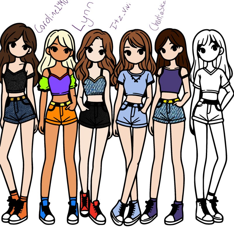 a group of girls wearing crop tops and shorts