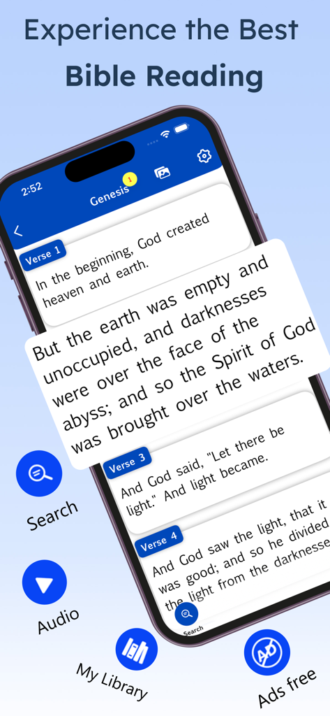 Bible Reading Zone -All In One - Pantalla de smartphone mostrando versículos de la Biblia de Génesis e iconos de navegación para búsqueda, audio y biblioteca.