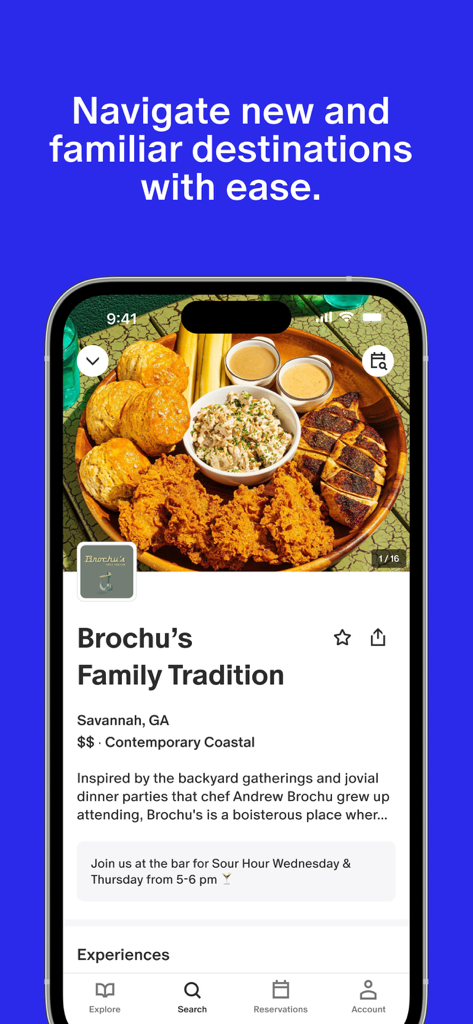 Interface de l'application Tock affichant le profil d'un restaurant pour Brochus Family Tradition à Savannah en Géorgie.