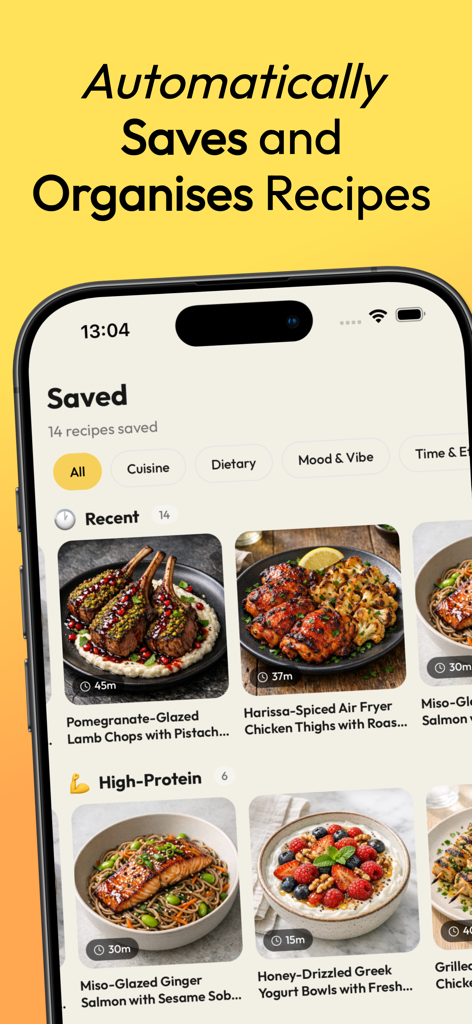 Dashi app screen showing a library of saved recipes organized by categories like high protein
