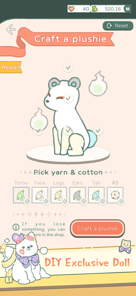 Little Corner Tea House - A cute DIY plushie crafting screen in Little Corner Tea House game where users select yarn and cotton colors.