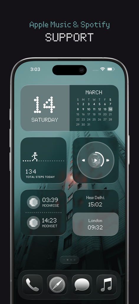 NewThing Widgets Pro - iPhone home screen displaying aesthetic dot-matrix style widgets for music, calendar, activity tracking, and world clocks.