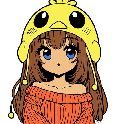 anime girl with chick shaped hat with sweater with bare shoulders with bangs covering them one eye with low tail