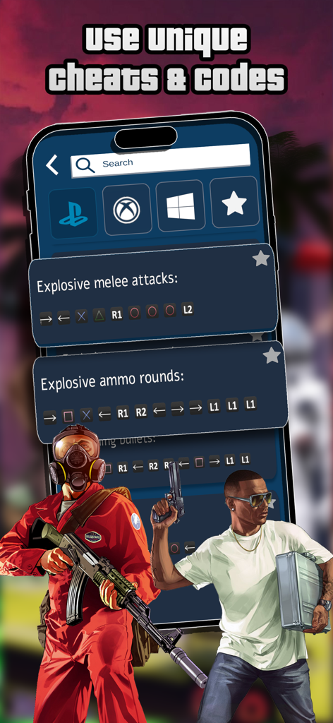 Maps & Mods for Gta 5 - Screenshot of a mobile app showing GTA 5 cheat codes for PlayStation Xbox and PC