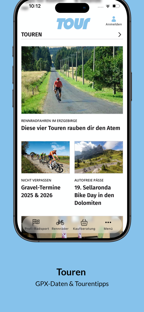 TOUR - Pantalla de la aplicación móvil TOUR mostrando tours ciclistas y opciones de planificación de rutas con imágenes de ciclistas.