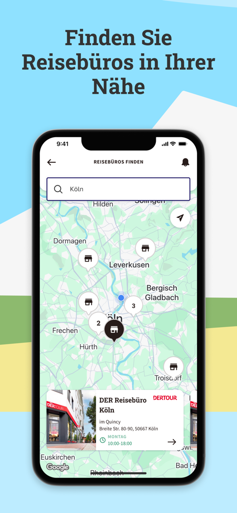 Une interface de carte dans l'application MyDERTOUR affichant les emplacements des agences de voyage locales avec leurs coordonnées et leurs horaires d'ouverture