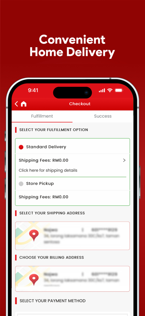 Senheng: Electronics & More - Senheng app checkout screen displaying standard delivery and store pickup fulfillment options with address selection