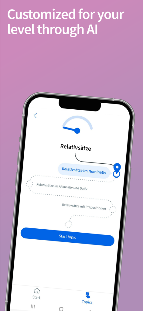 Grammatik aktiv A1-B1 Deutsch - Screenshot of Grammatik aktiv app showing an AI-customized learning path for German relative clauses.