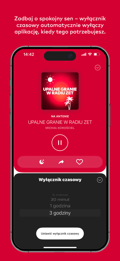 Radio ZET mobile app interface showing the sleep timer settings with various time options on an iPhone.