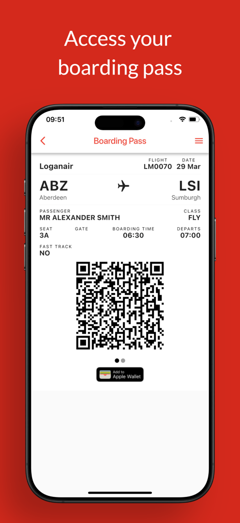 A mobile screen showing a Loganair digital boarding pass with a QR code and an Add to Apple Wallet button.