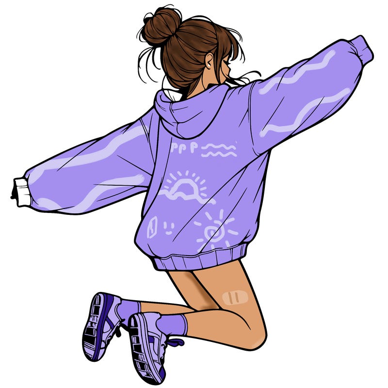 realistic girl jumping with a bun and oversized sweatshirt