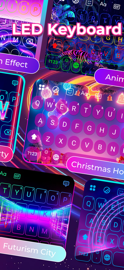 Showcase of various colorful and neon LED keyboard themes including tiger, Christmas, and futuristic city designs