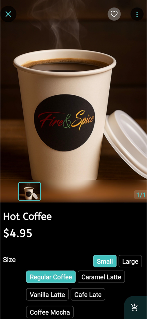 Fire And Spice Restaurant - Pantalla de la aplicación móvil que muestra las opciones de pedido de café caliente con selección de tamaño y sabor para el Restaurante Fire and Spice