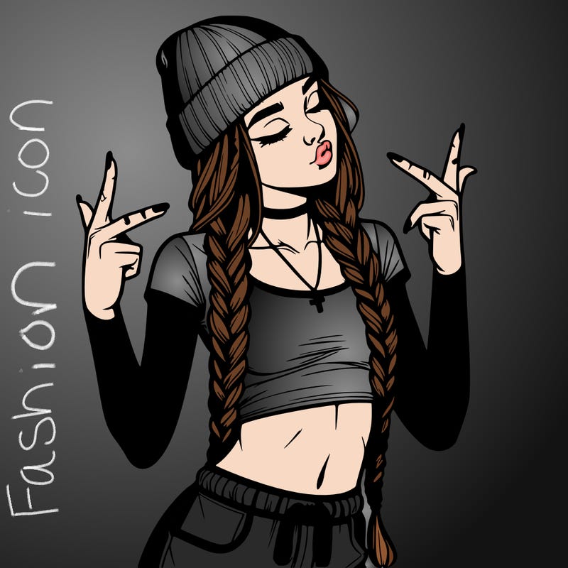 realistic teenage girl with braids and a beanie and crop top doing 🫶🏼