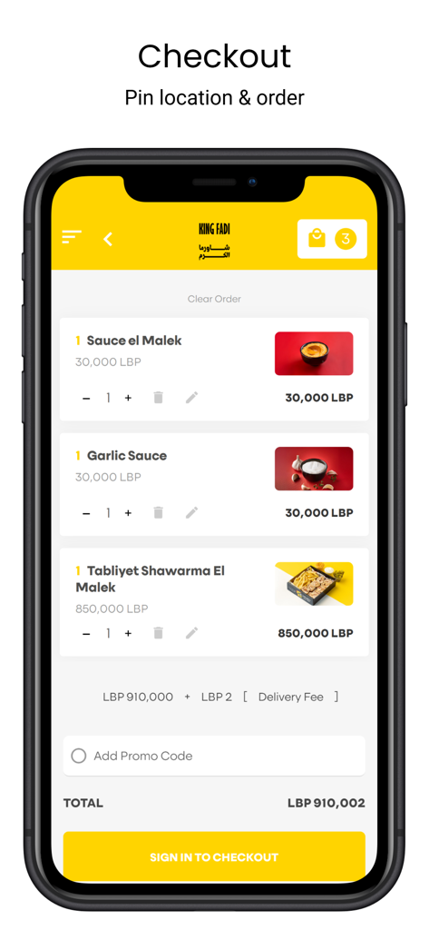 King Fadi - King Fadi mobile app checkout page showing food items and total price