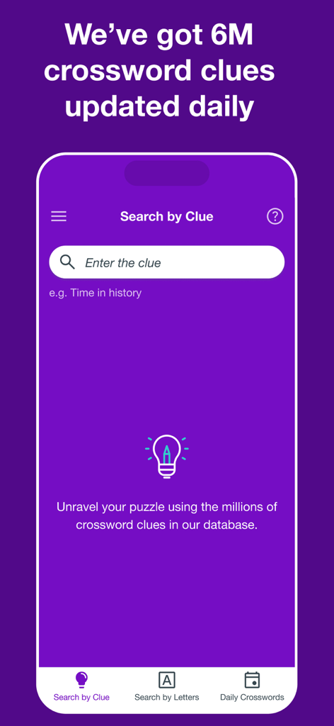 Crossword Solver Plus - Crossword Solver Plus app interface showing the Search by Clue screen with a 6 million clue database message