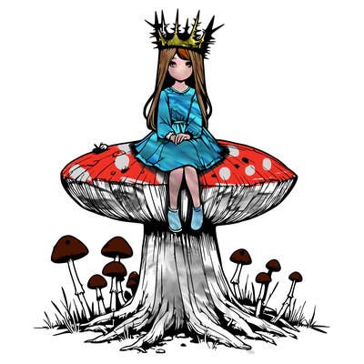 realistic girl sitting on a huge tree stump size toadstool with thorn crown