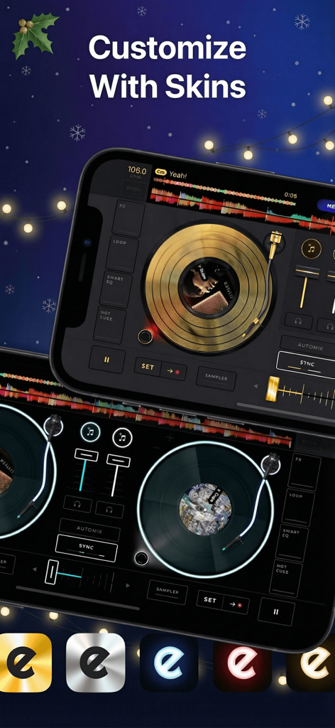 Edjing Mix mobile app interface showing customizable DJ turntable skins including gold and neon options