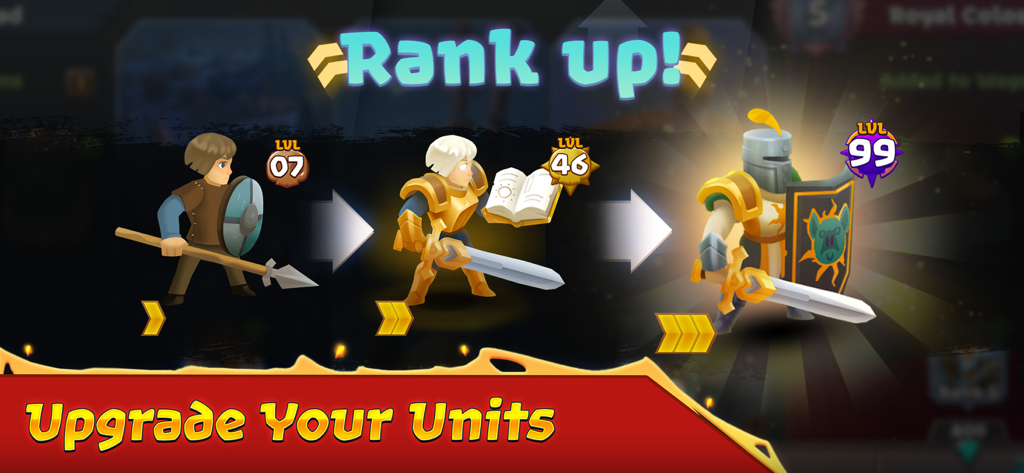 Battle Legion - Mass Battler - A visual guide showing the progression of a unit from level 7 to a level 99 elite knight with golden armor.