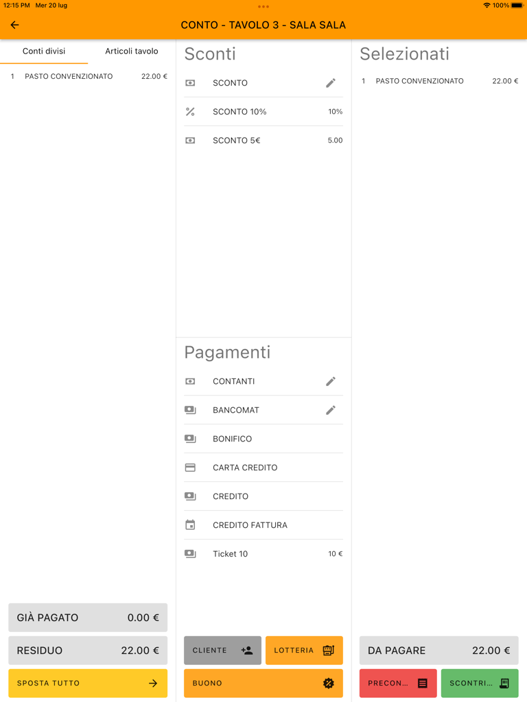 Interfaz de iPad TPV Tavolinux 3 que muestra opciones de pago que incluyen efectivo, tarjeta de crédito y división de facturas para una mesa de restaurante