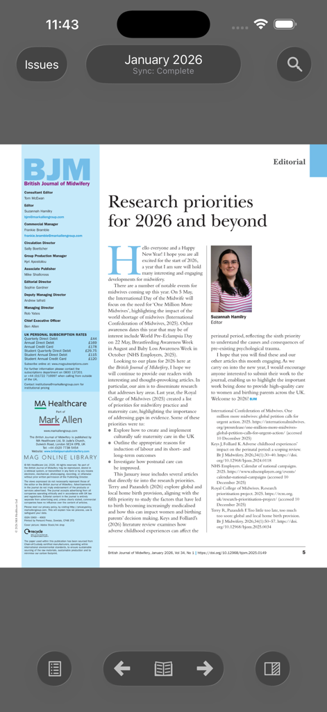 British Journal of Midwifery - Editorial article titled Research priorities for 2026 and beyond in the British Journal of Midwifery app