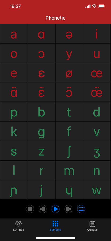 French Sound and Alphabet Easy - Ein Raster von französischen IPA-Phonetiksymbolen für Vokale und Konsonanten mit Audio-Wiedergabeoptionen