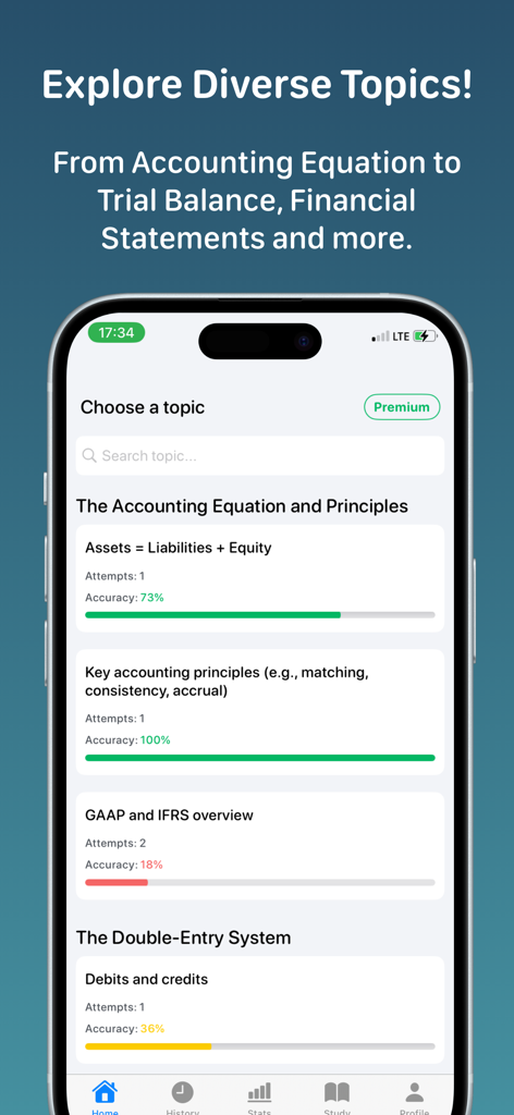 Accounting Quiz+ - Accounting Quiz plus app interface showing diverse accounting topics and learning progress