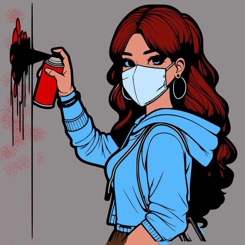 realistic girl with mask spray painting a wall