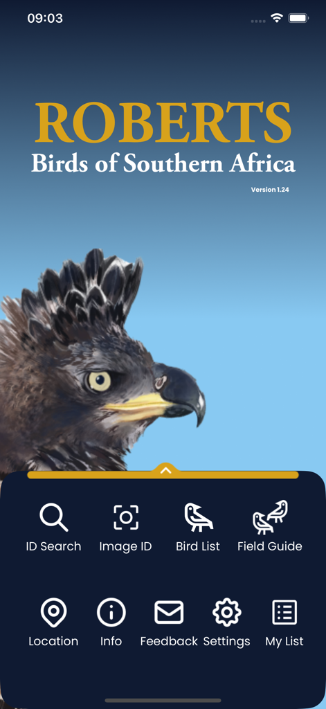 Roberts Birds - Menú principal de la aplicación Roberts Birds of Southern Africa con una ilustración de ave rapaz e iconos de navegación para identificación y guía de campo