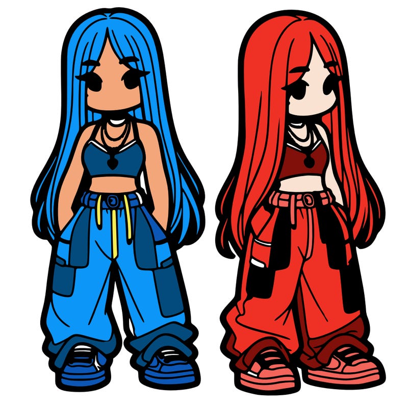 girl in baggy pants crop top and long hair