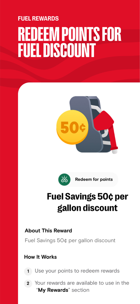 Speedway app interface showing a 50 cent per gallon fuel savings reward and instructions on how to redeem points