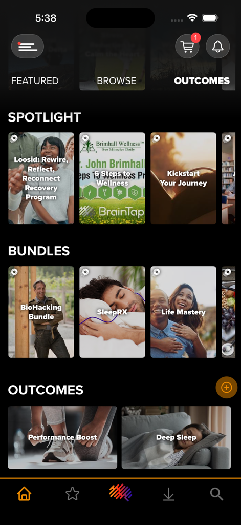 BrainTap app dashboard showing spotlight programs biohacking bundles and performance outcomes