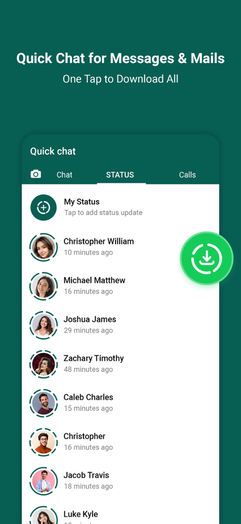 Interfaz de la aplicación Quick Chat que muestra la pestaña de actualización de estado con un botón de descarga de un toque.