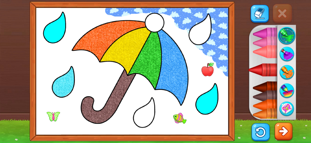 Coloring Games: Painting, Glow - A digital coloring book screen featuring an umbrella drawing with colorful crayons and texture tools