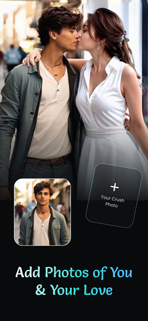 AI Kiss Video Maker : AI Hug - Interface for creating an AI kiss video by adding photos of two people.