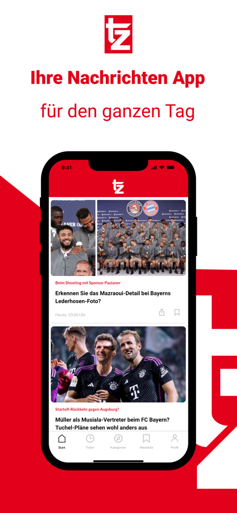 tz - Deine News aus München - Smartphone che visualizza l'interfaccia dell'app di notizie tz con resoconti sull'FC Bayern Monaco e titoli locali