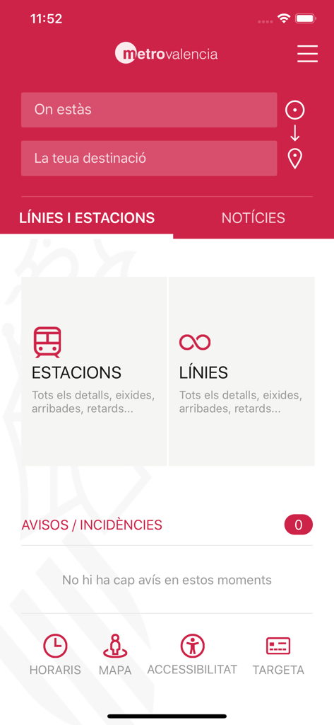 경로 계획 및 내비게이션 옵션을 보여주는 메트로발렌시아 공식 앱의 홈 화면